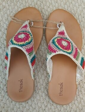Thesak Women's Crochet Embellished Tan Sandals - Pink Multicolor